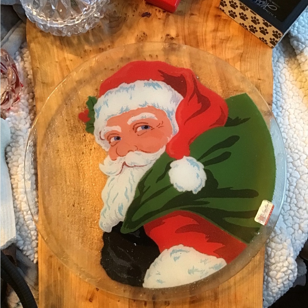 (Host Pick) Peggy Karr Glass 14 In Santa Claus Design Glass Plate Signed
